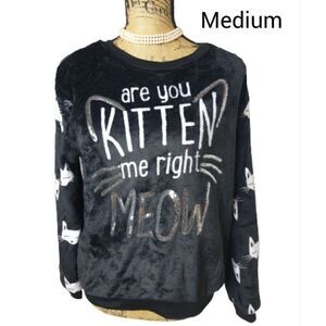 Women's Plush Sweater Sequin Kitten So Soft Black Pullover Sweatshirt M NWOT